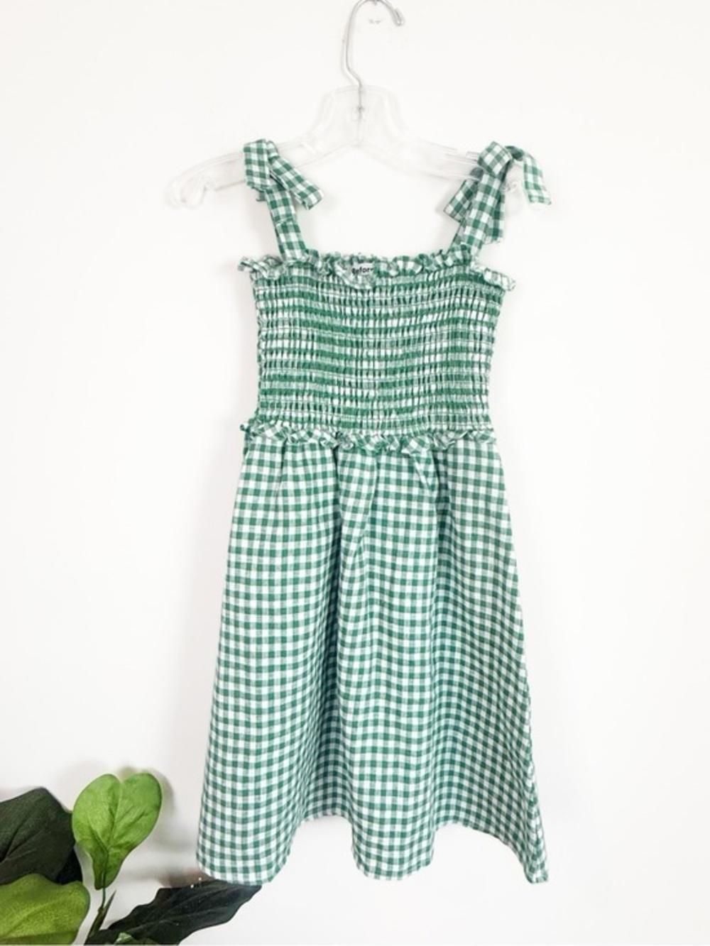 💋Reformation Green Gingham Smocked Tie-Strap Dress